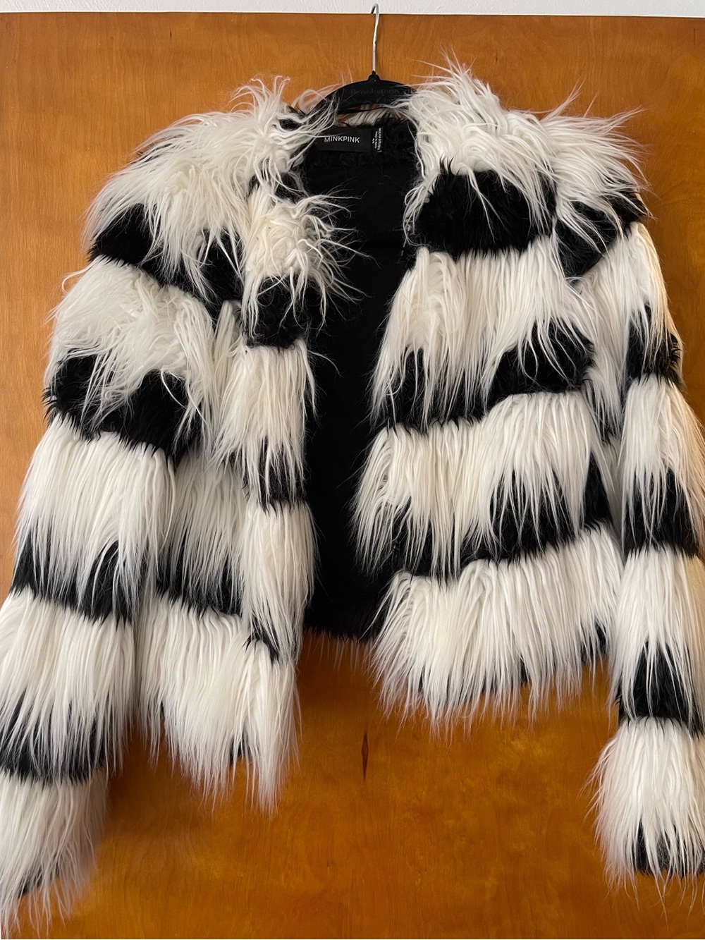 MINKPINK Black & White Striped Faux Fur Cropped Jacket